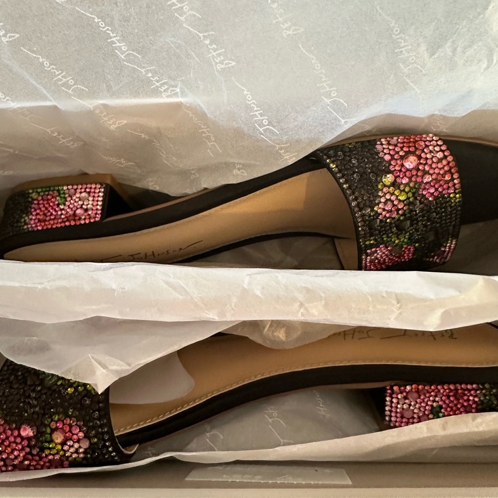Betsey Johnson Black Slide Heels with Pink & Green Crystal Florals - Picture 6 of 10